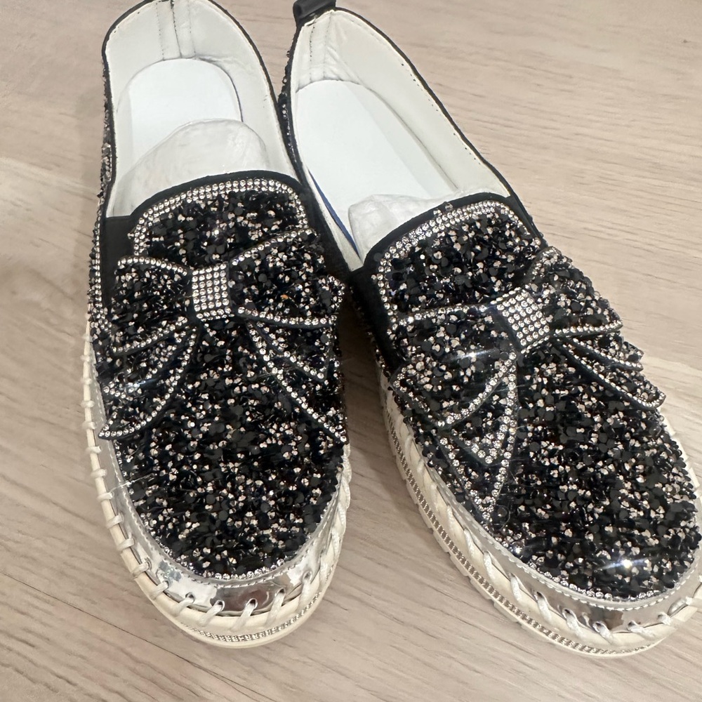 Black and Silver Glitter Espadrilles with Bow